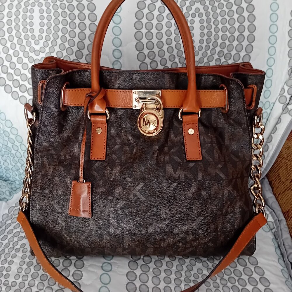 Michael Kors Hamilton Est/West Brown Logo Satchel Purse Bag